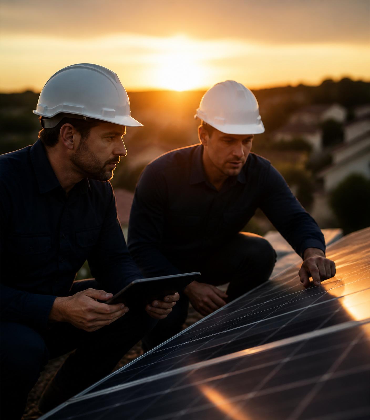 AB ENERGY SOLUTION engineers inspecting solar modules on an industrial rooftop