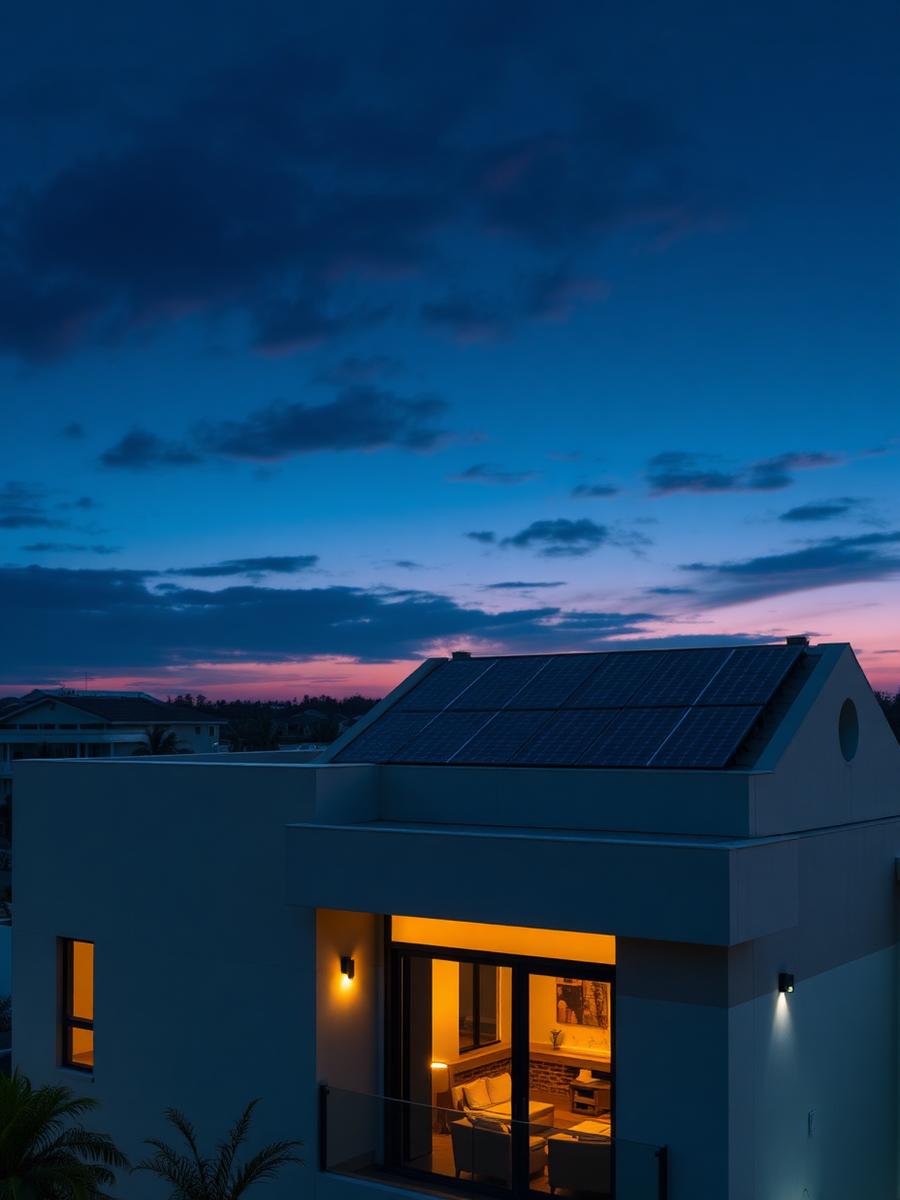 Commercial building rooftop solar array at twilight
